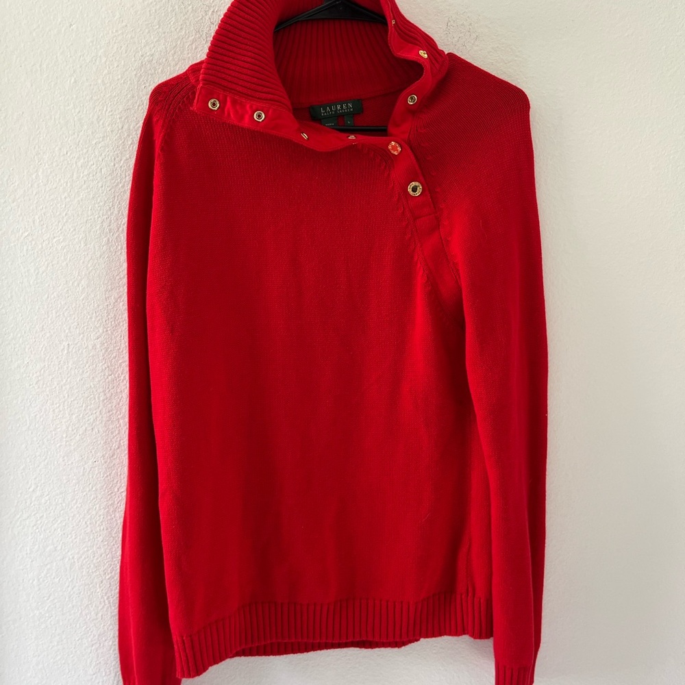 Lauren Ralph Lauren Red Snap-Closure Cowl Neck Sweater